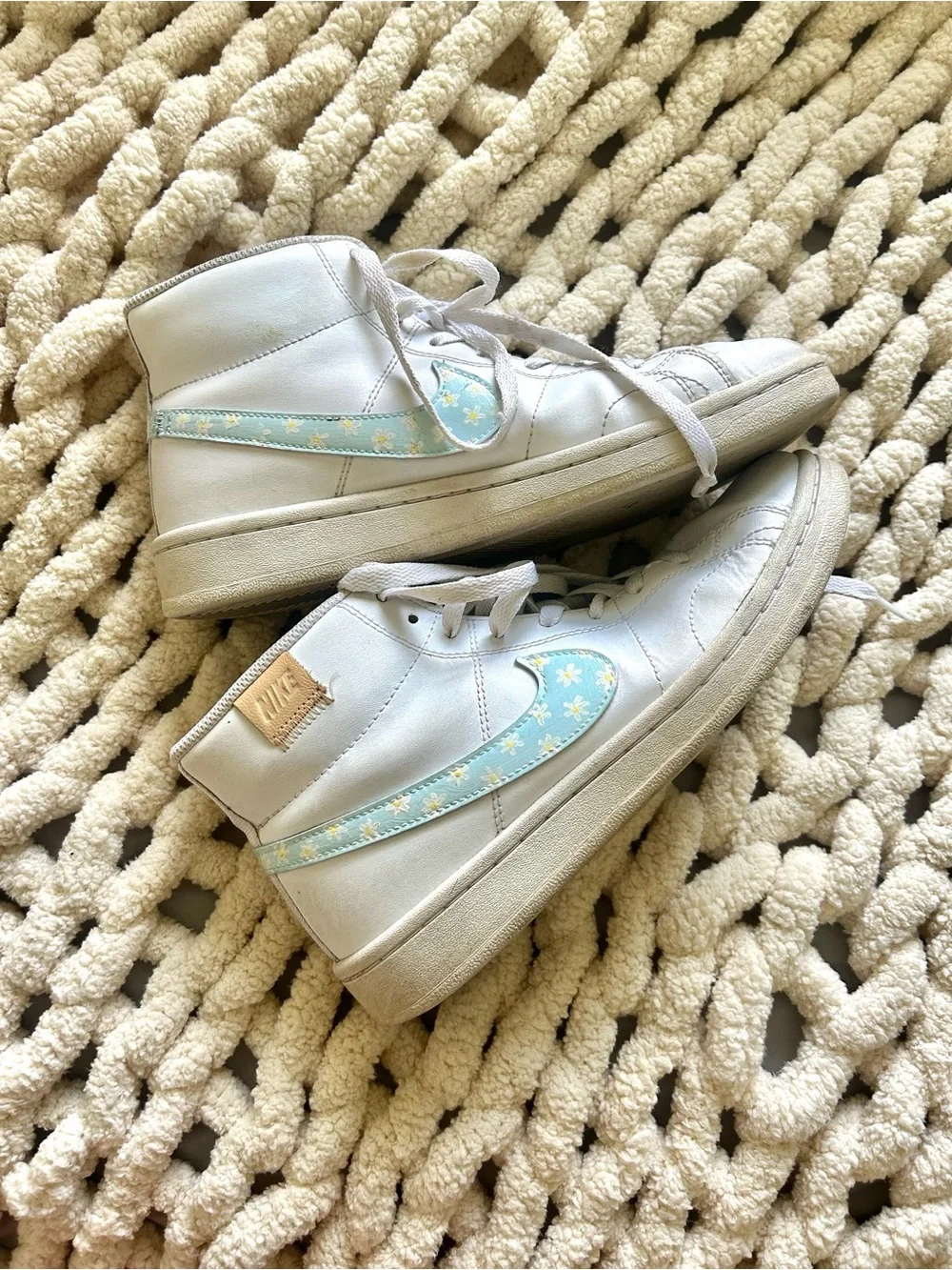 Nike Kids White High-Top Sneakers with Light Blue Floral Swoosh